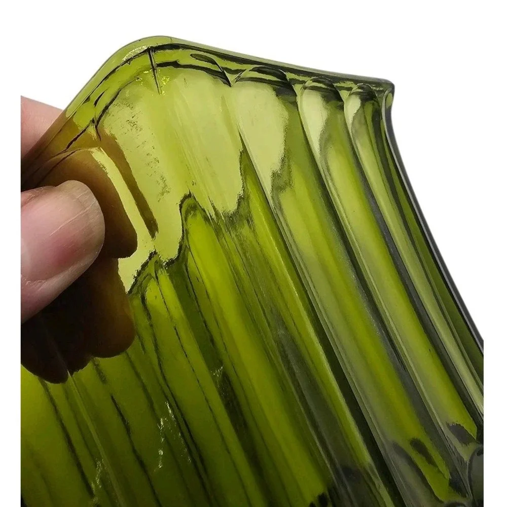 VTG 60s Heavy Olive Green Glass Rectangle Compote /Candy Dish Footed Ribbed Base